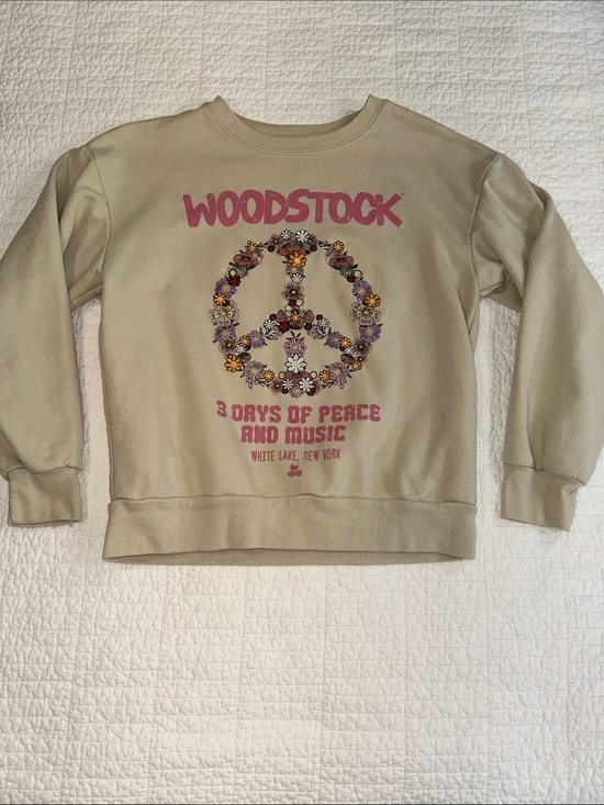 Woodstock Tops - Woodstock cream crew neck peace sign sweater sweatshirt sz Small